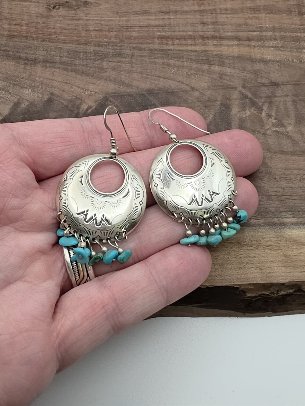 Carolyn Pollack Relios 925 Sterling Silver Turquoise Disc Dangle Earrings Native - Picture 3 of 6